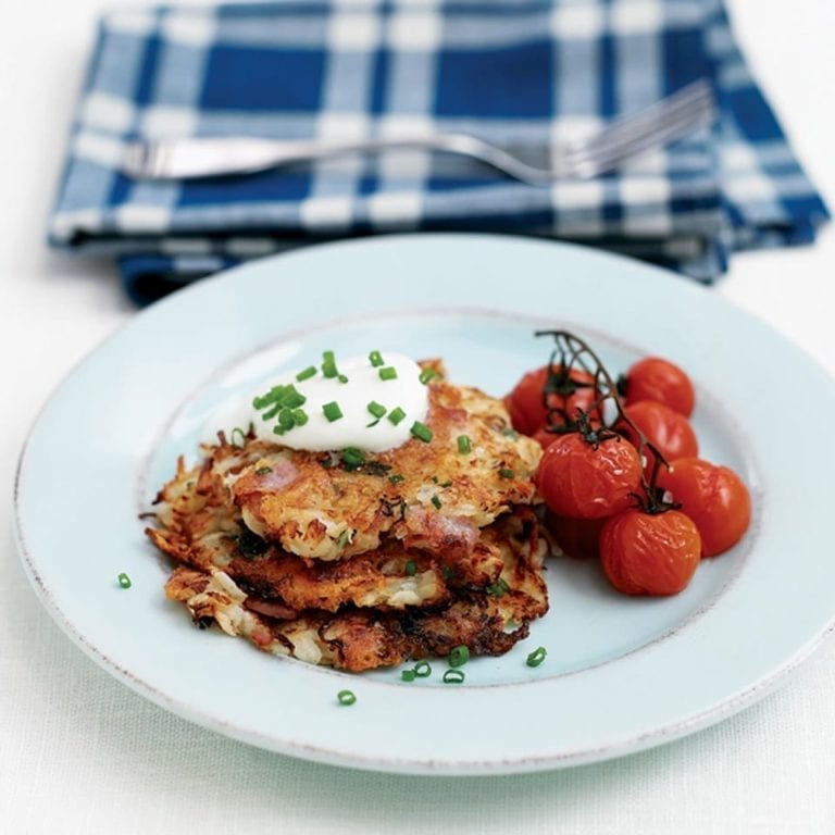 Potato and celeriac pancakes with bacon and cheese