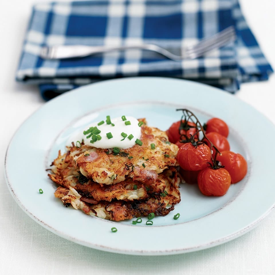Potato and celeriac pancakes with bacon and cheese recipe | delicious. magazine