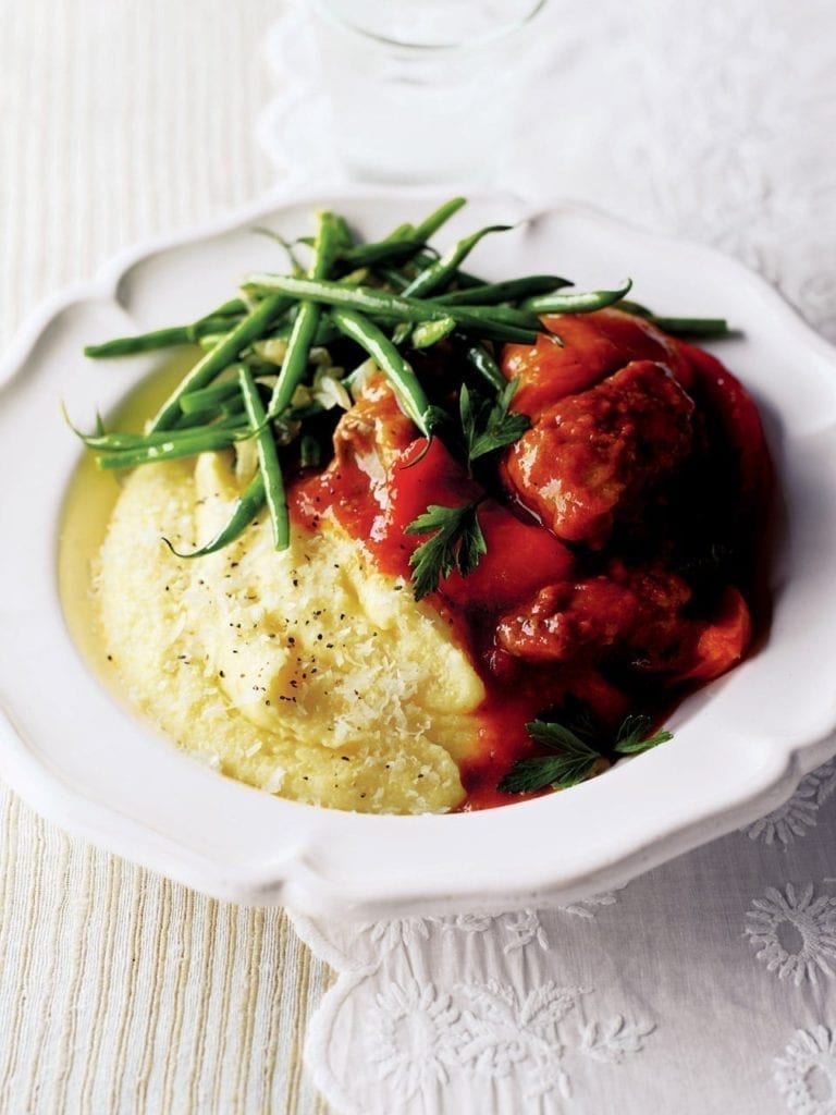 Slow-braised lamb with polenta and green beans