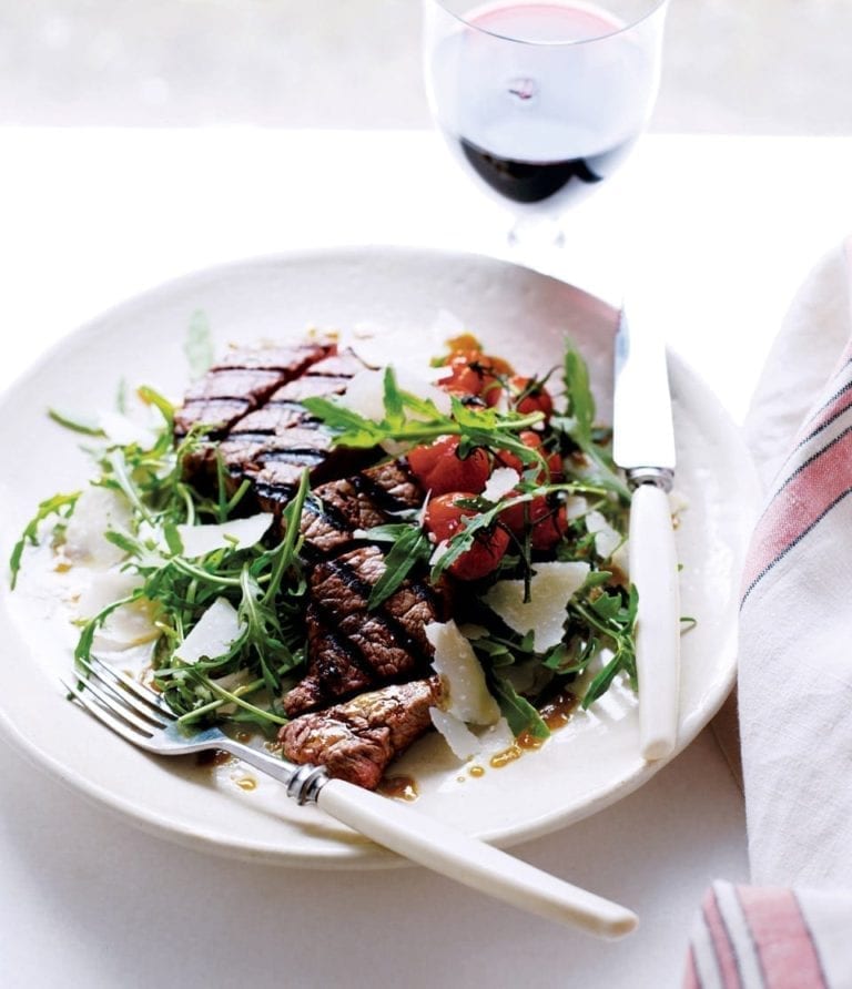 Steak tagliata with roasted vine tomatoes