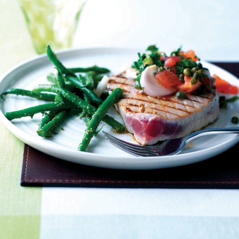 Tuna with tomato and caper salsa and pesto beans