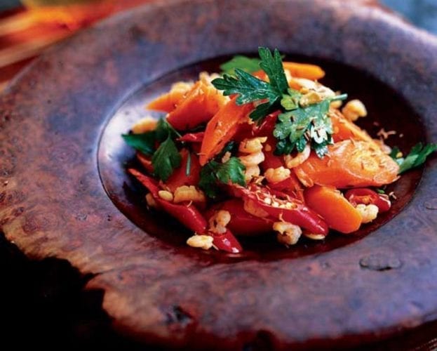 Prawns with carrots, chilli and cumin