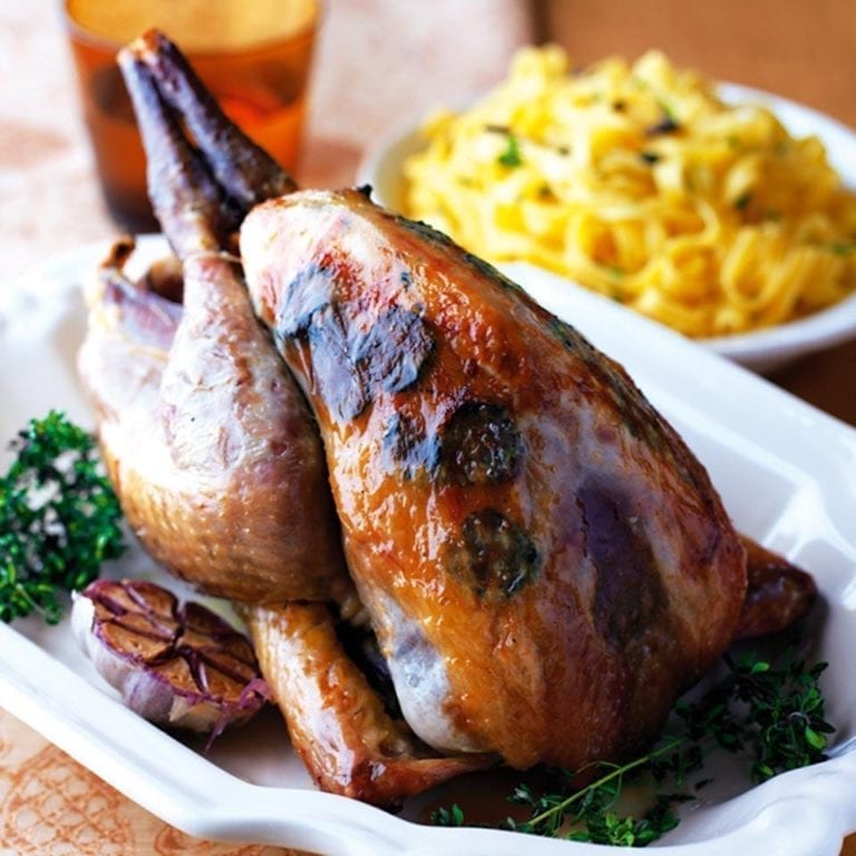 Roast guinea fowl with truffles and tagliatelle