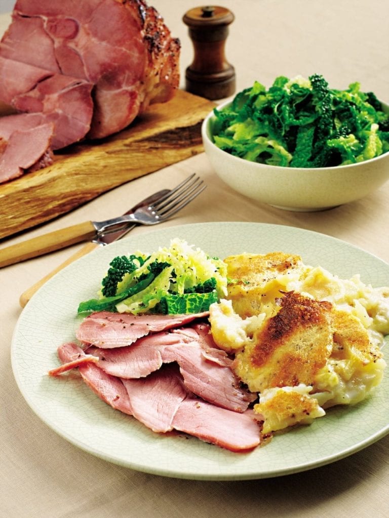 Maple syrup and mustard gammon with gratin