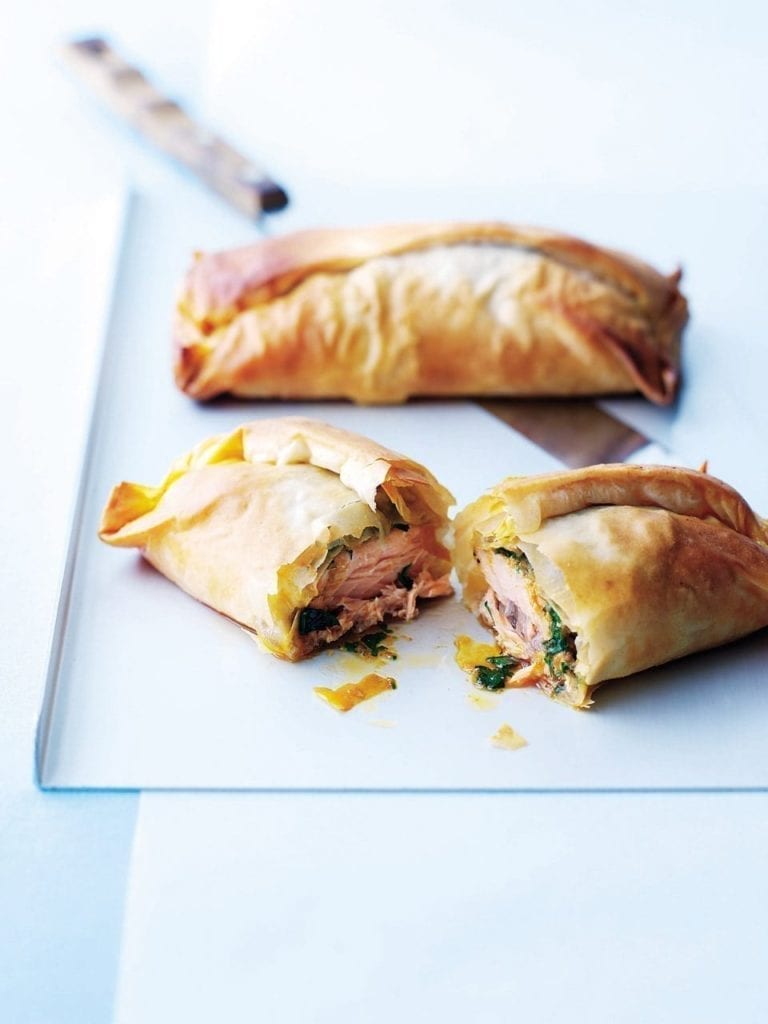 Salmon filo parcels with Thai butter