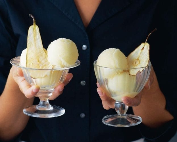 Pear sorbet with pear wafers