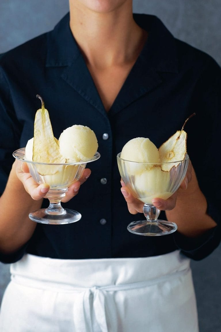 Pear sorbet with pear wafers