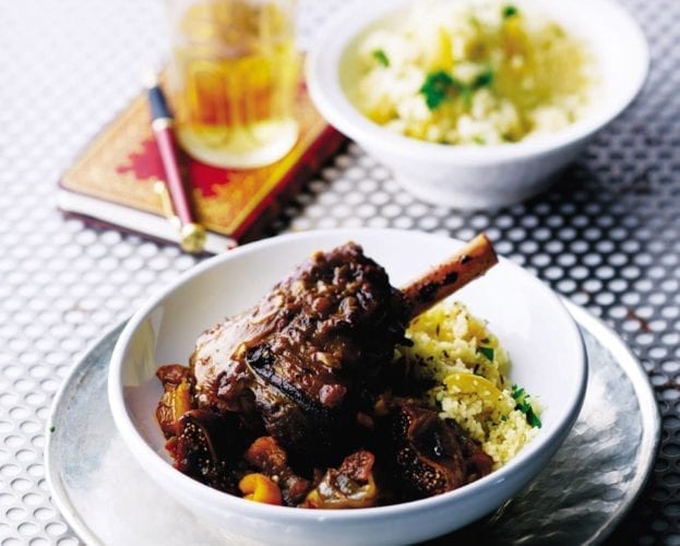 Image of moroccan lamb shanks in white dinnerware