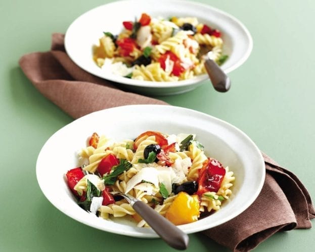 Spaghetti and chicken meatballs in red pepper sauce