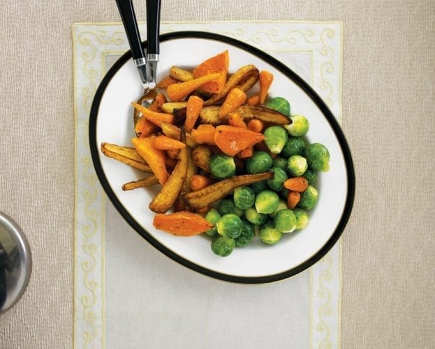 Roast sprouts with bacon, chestnuts and cream