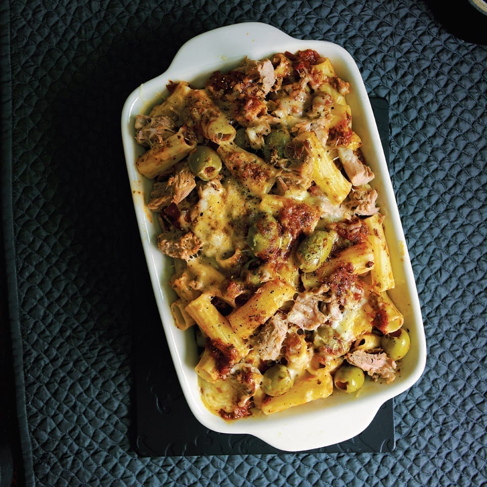 Tuna and olive pasta bake recipe | delicious. magazine