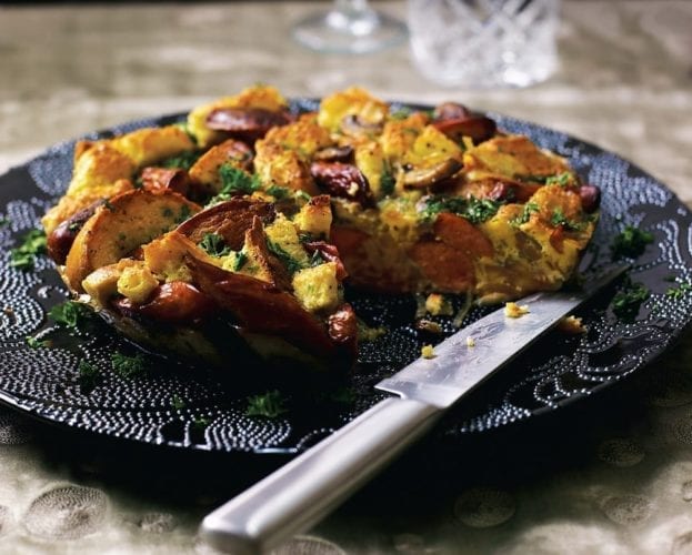 Frankfurter and mushroom tortilla