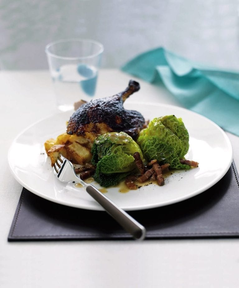 Blackened five-spice duck with mini roast potatoes