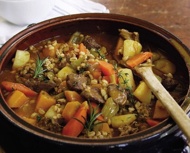 Mutton and barley stew, shown cooked in a pot