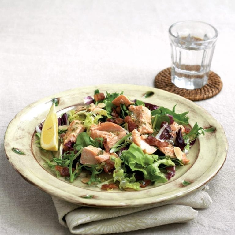 Grilled trout, bacon and almond salad