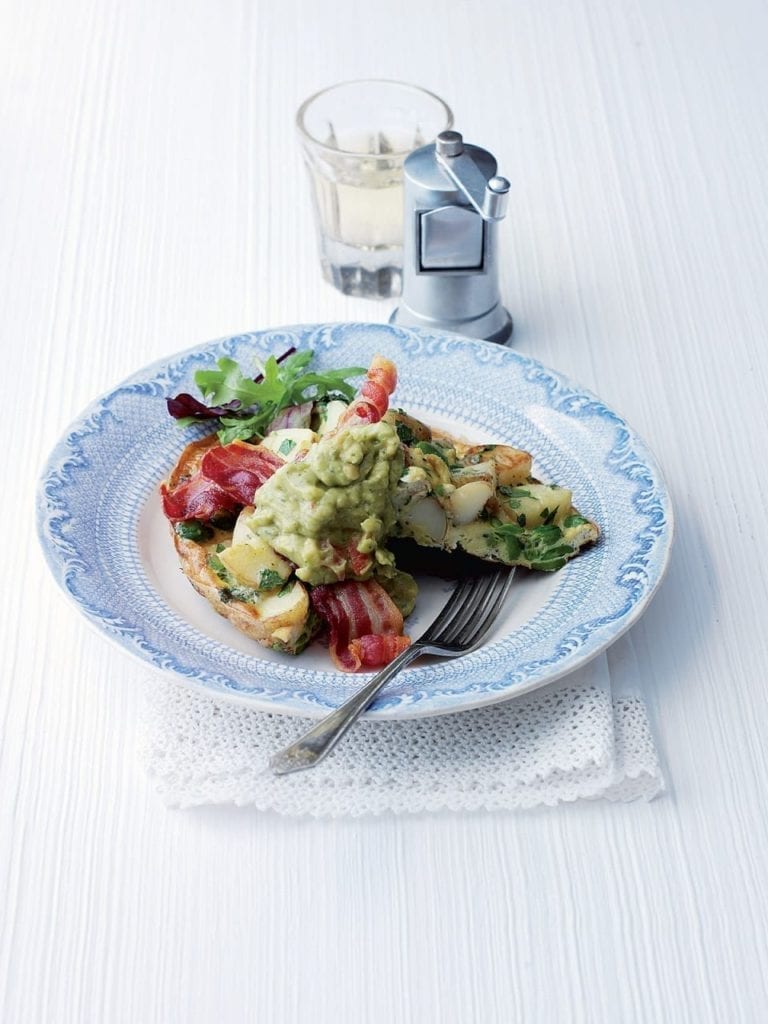 Broad bean frittata with bacon and guacamole