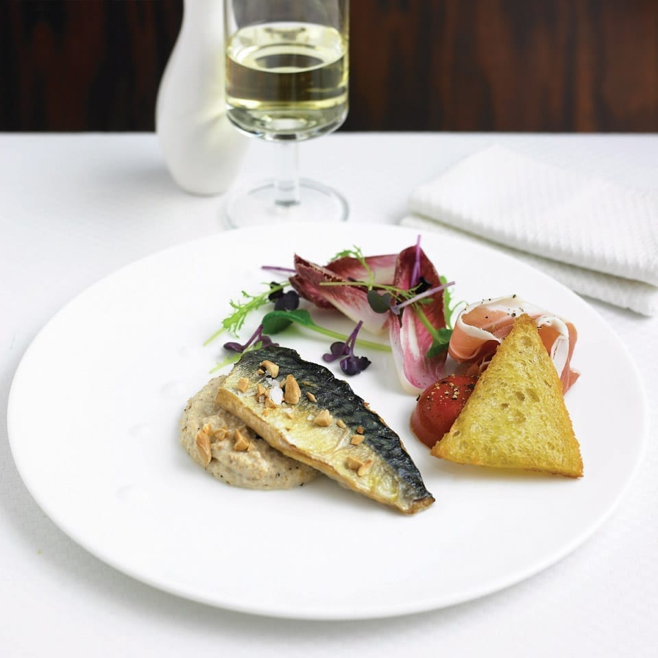 Confit mackerel fillet with Serrano ham and gazpacho jelly recipe | delicious. magazine