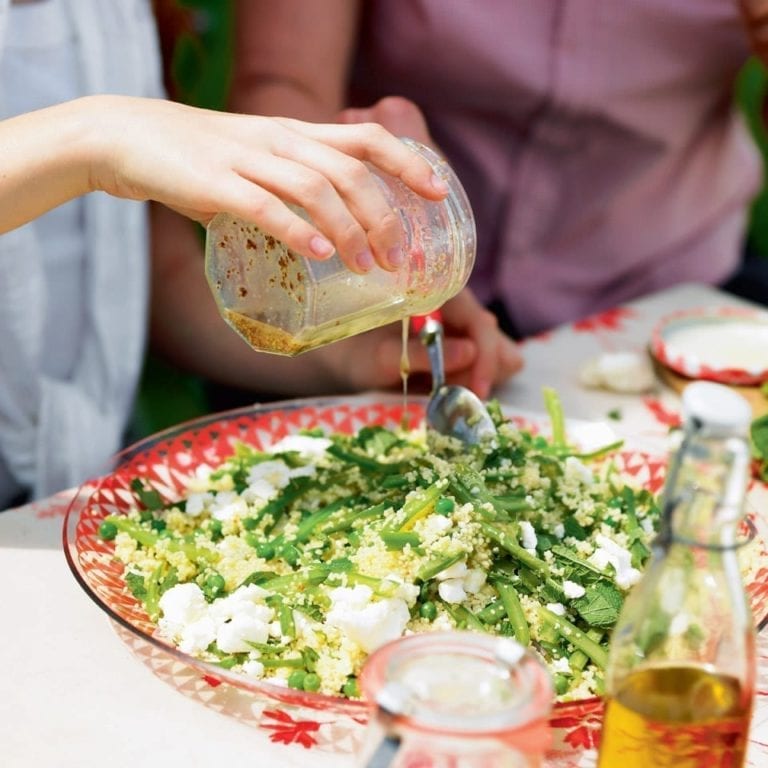 Couscous and green bean salad with crumbled Wensleydale