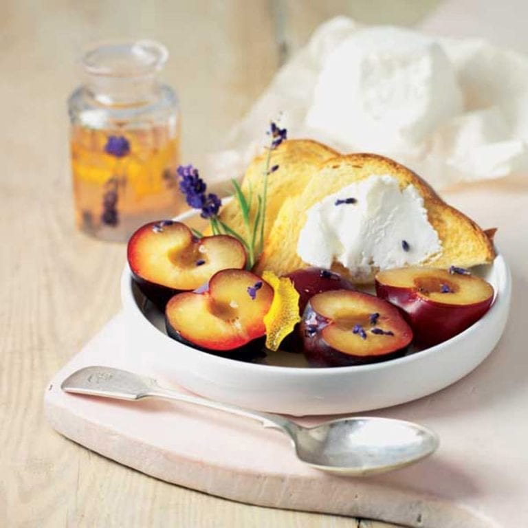 French mild goat’s cheese with plums in lavender syrup