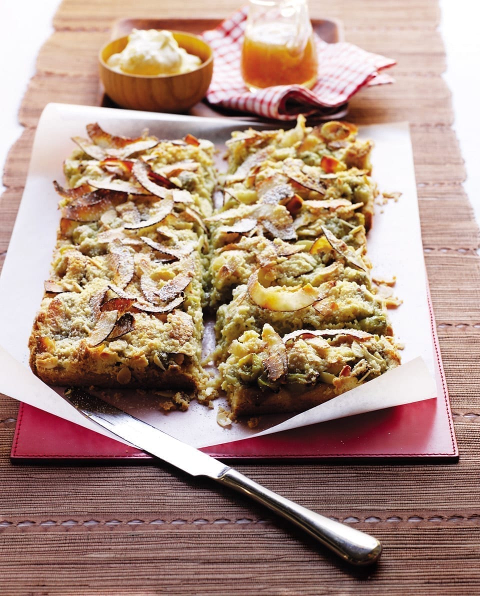 Gooseberry streusel cake with elderflower syrup recipe | delicious. magazine