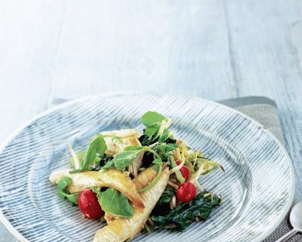 Grilled mackerel salad with miso dressing