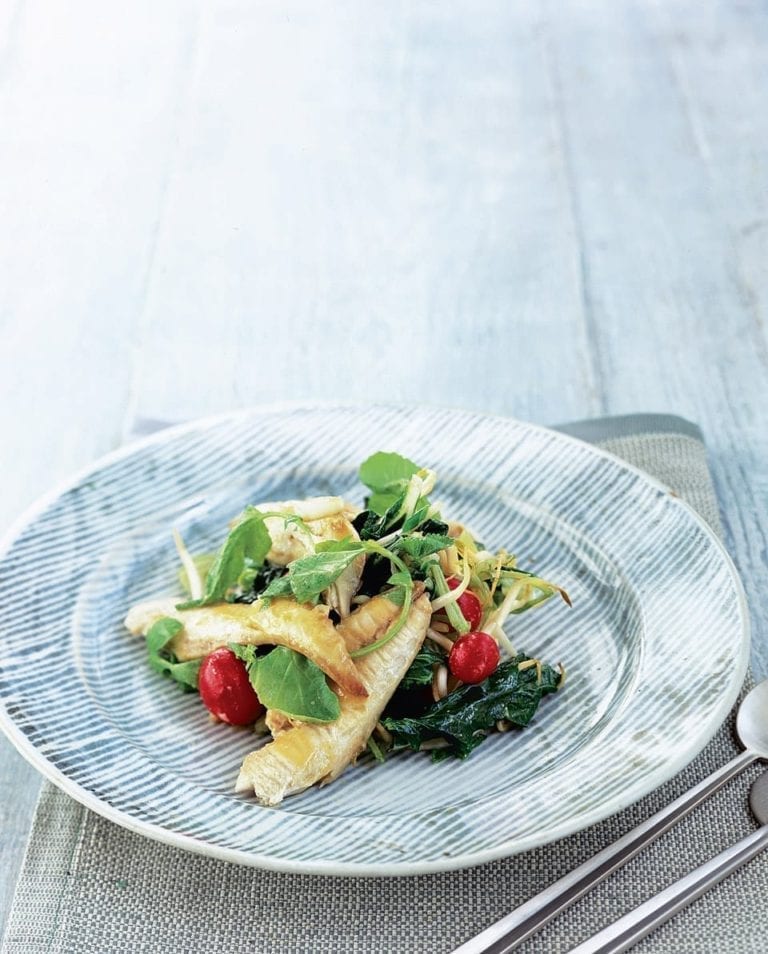 Grilled mackerel salad with miso dressing