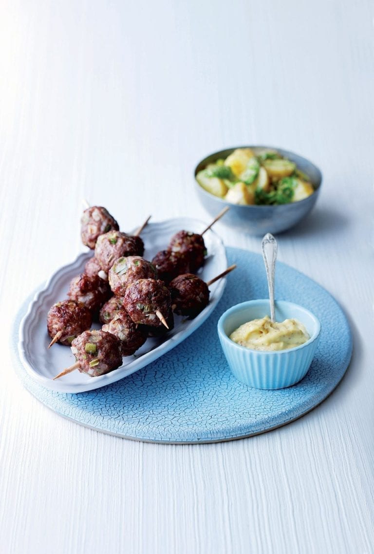 Lamb kebabs with Dijonnaise potatoes