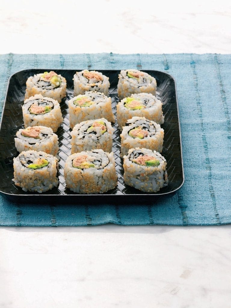 Tuna and avocado inside-out maki (uramaki)