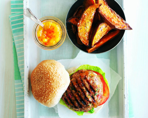 Turkey and apricot burgers with sweet potato wedges