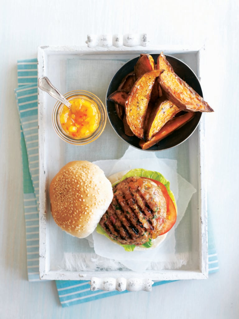 Turkey and apricot burgers with sweet potato wedges