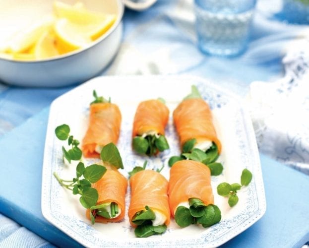 Smoked salmon, cream cheese and watercress rolls