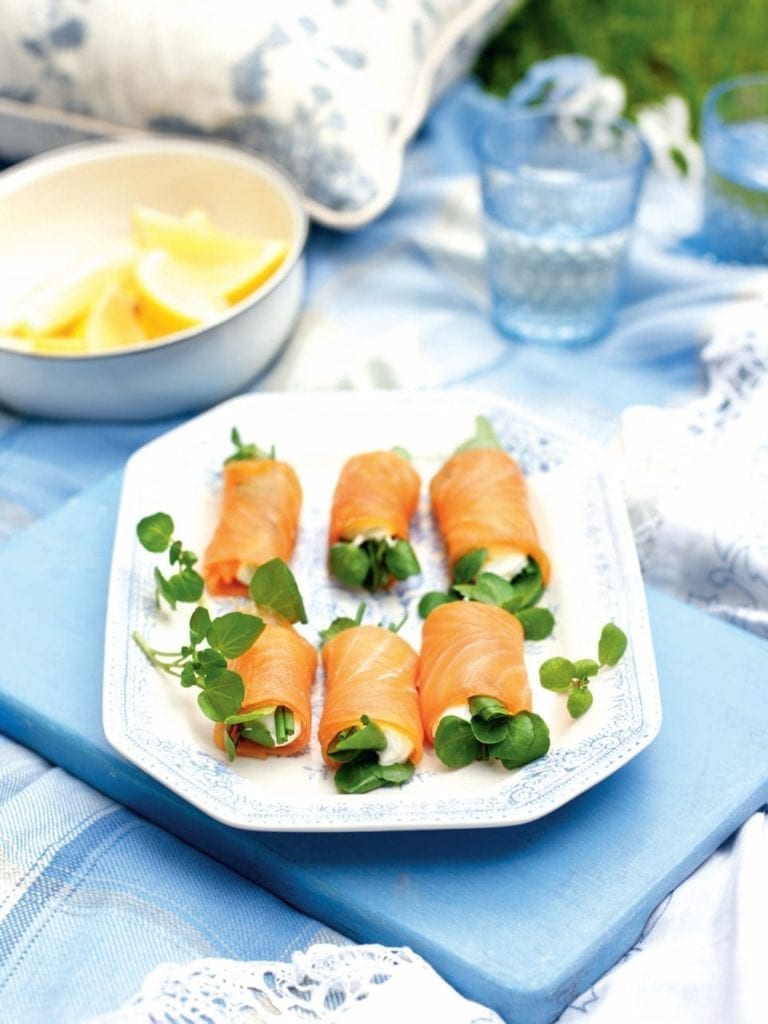 Smoked salmon, cream cheese and watercress rolls