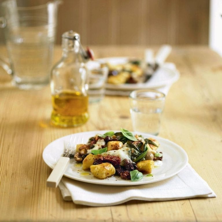 Crispy gnocchi with olives and sun-dried tomatoes