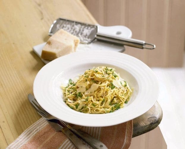 Spaghetti with squash and aubergine pesto