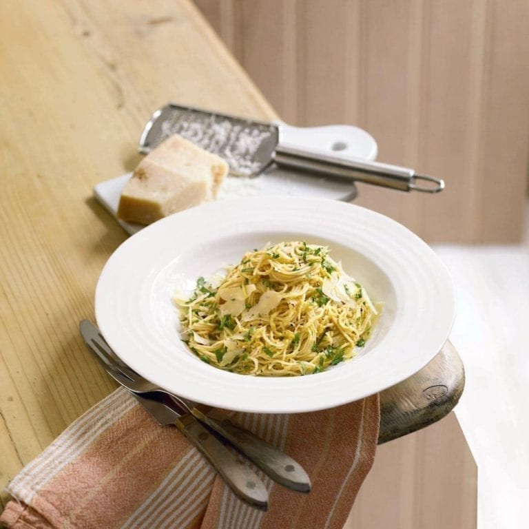 Spaghetti with butternut squash and aubergine pesto