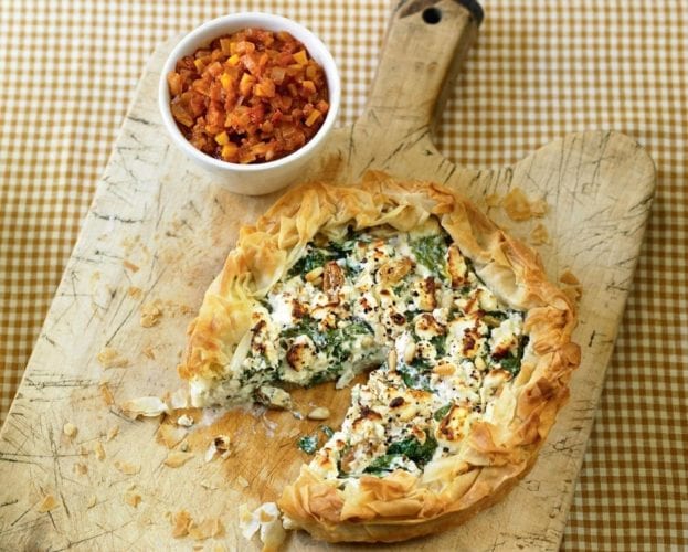 Feta and spinach free-form pie with tomato relish