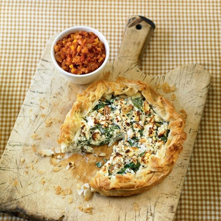 Feta and spinach free-form pie with tomato relish