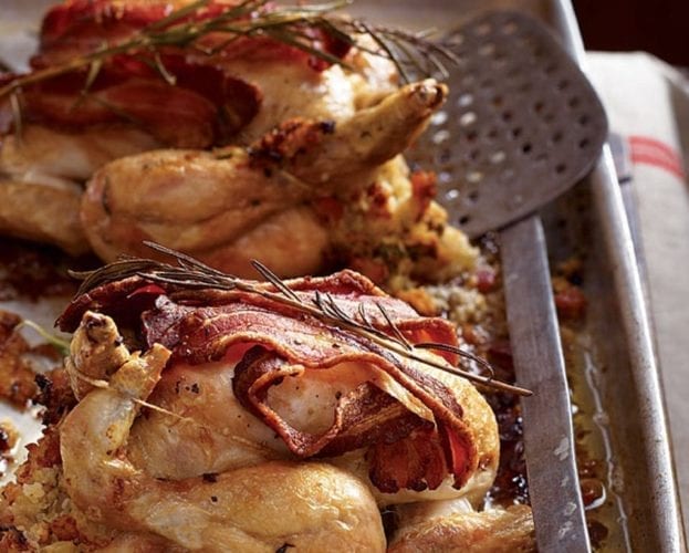 Poussins stuffed with olives, capers and prunes