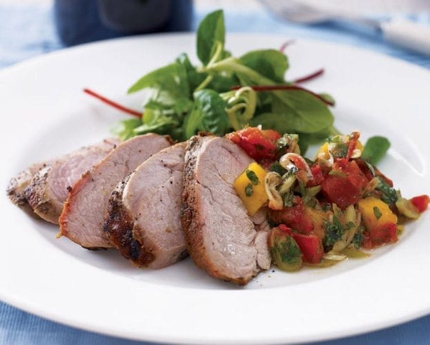 Jerk pork fillet with spicy tomato and mango relish