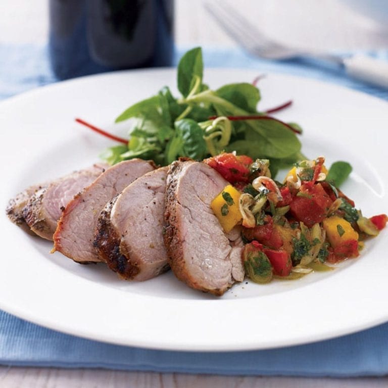 Jerk pork fillet with spicy tomato and mango relish