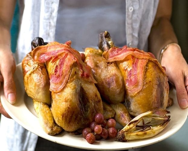Pot-roast guinea fowl with pistachio stuffing