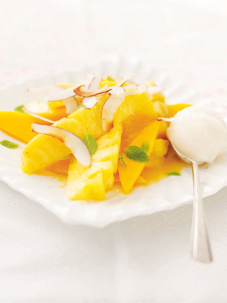 Pineapple, mango and coconut fruit salad