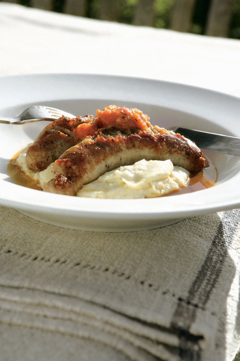 Sausages with white bean mash