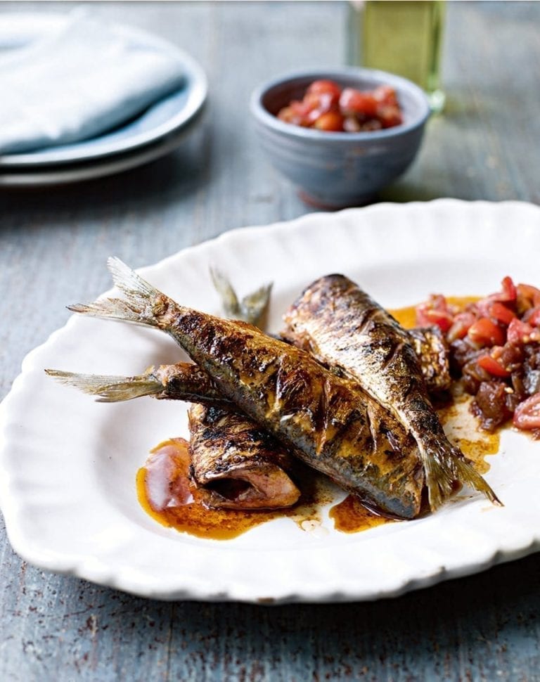 Smoky griddled sardines with sweet tomato chutney