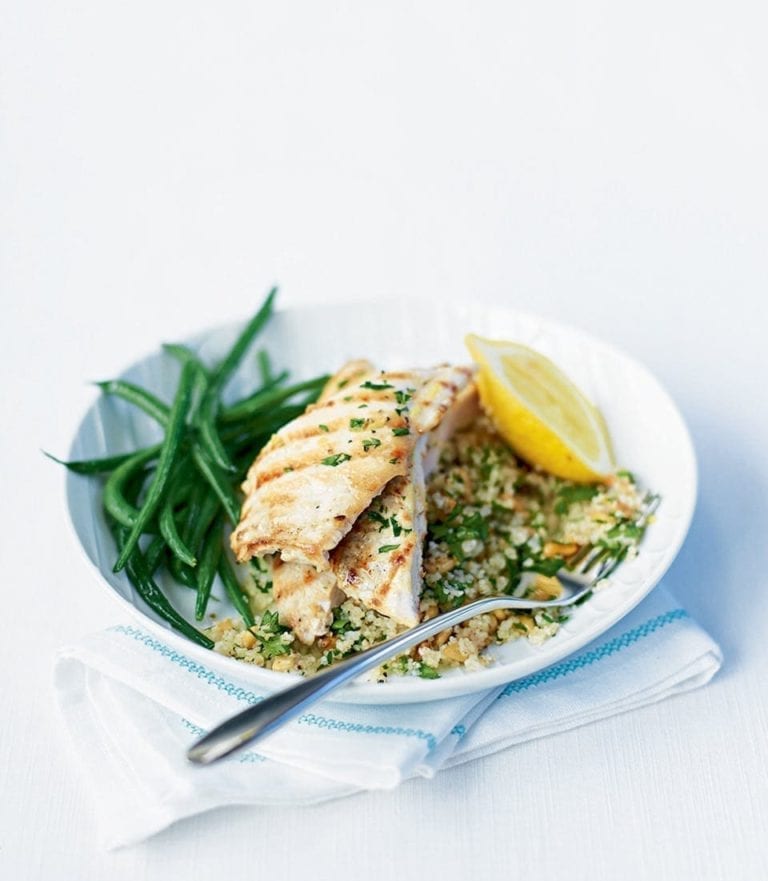 Griddled chicken with barley couscous