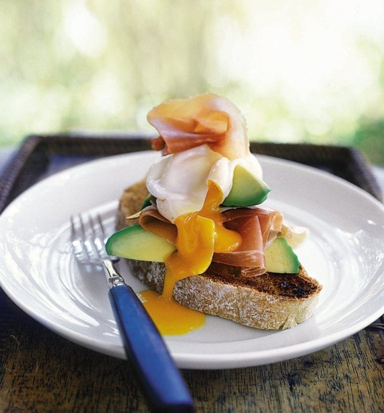 Avocado bruschetta with Parma ham and poached egg