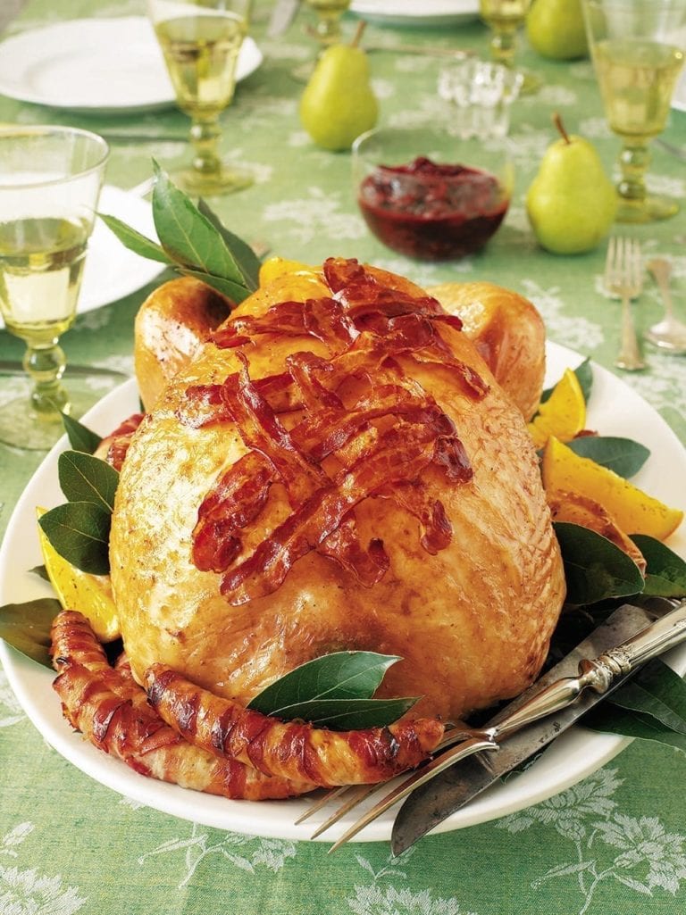 Traditional roast turkey with sticky pancetta sausages