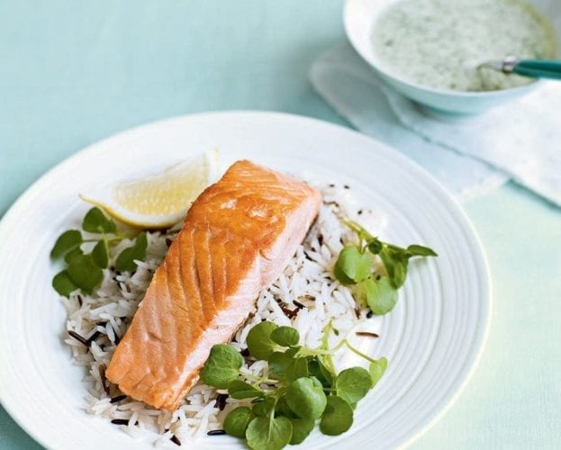 Salmon and watercress linguine