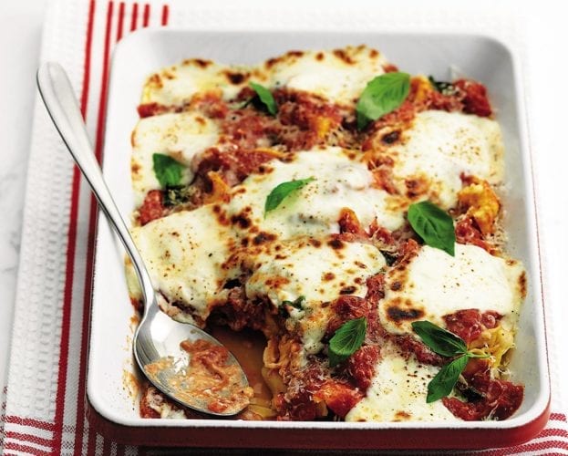 Kale, leek and mushroom lasagne with blue cheese topping