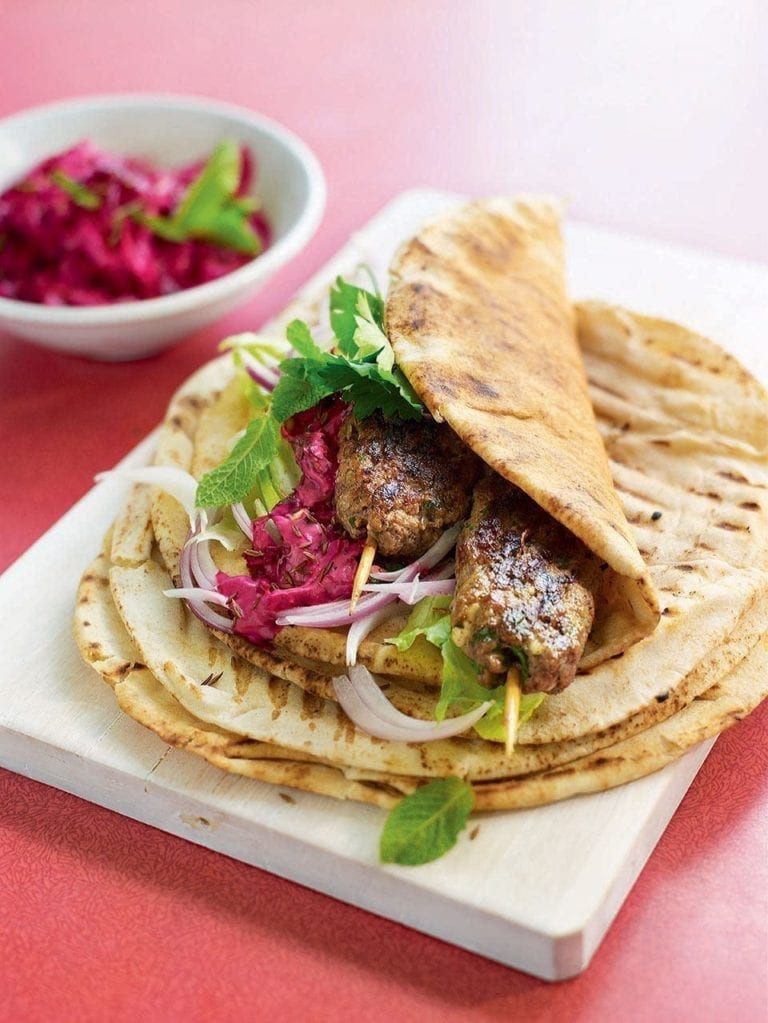 Souvlaki wraps with beetroot tzatziki